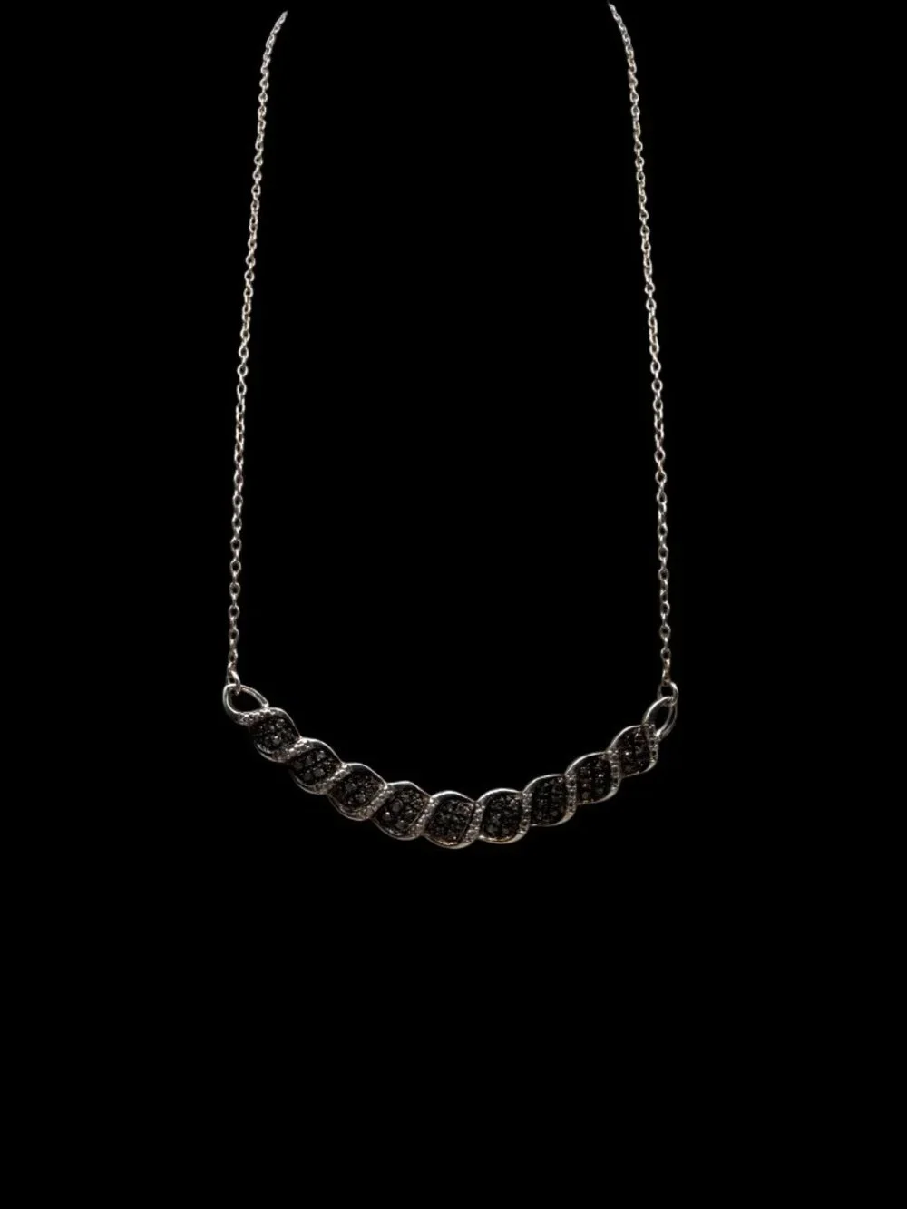 Elegant Sterling Silver Black Spinel Wavy Bar Pendant Necklace Art Deco gift 6g